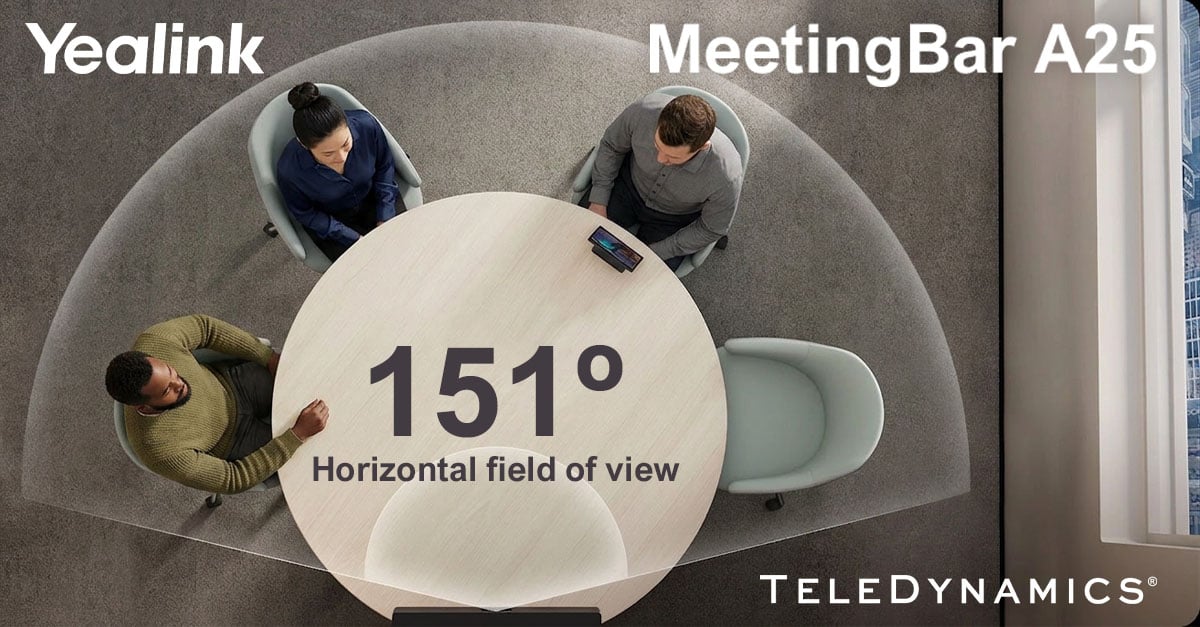 People in a small conference room using the Yealink MeetingBar A25 with 151º field of view - Distributed by TeleDynamics