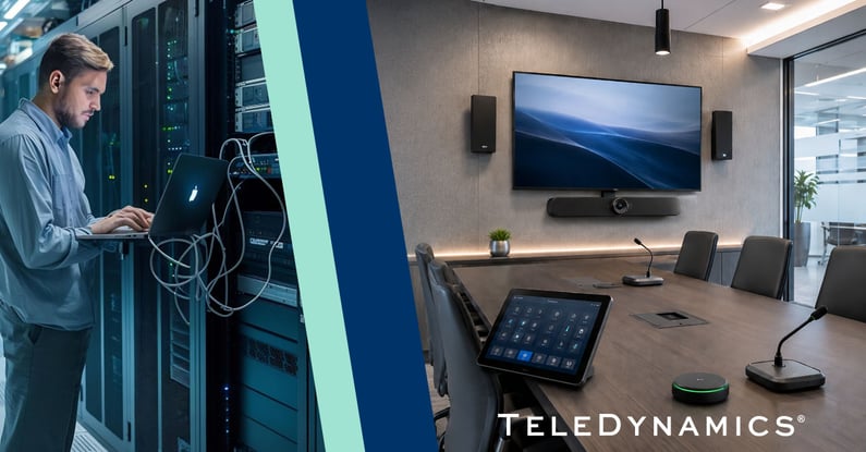 Split image showing a network engineer in a server room on the left, and a modern meeting room with AV and UC gear including a  wall-mounted display, touch controller, speakers, microphones and camera on the right - TeleDynamics blog