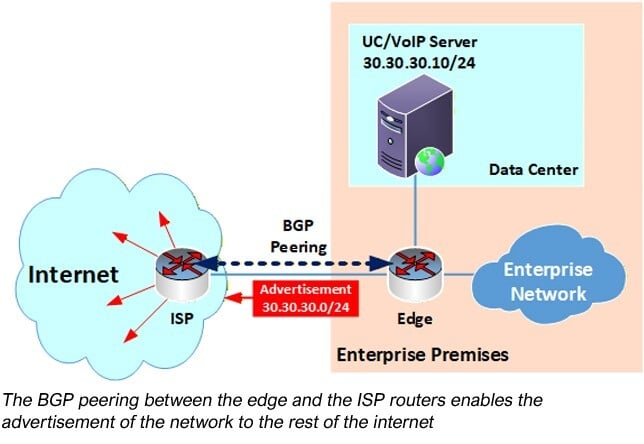 Diagram depicting the advertisement of the network to the rest of the internet via BGP peering - TeleDynamics blog