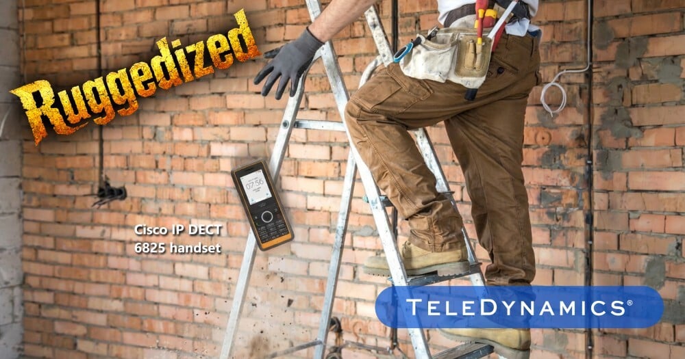Construction worker on a ladder dropping a Cisco IP DECT 6825 ruggedized handset - TeleDynamics blog