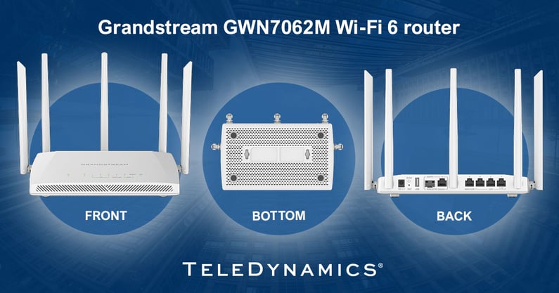 Composite image showing front, back, and bottom views of the Grandstream GWN7062M Wi-Fi 6 router - Distributed by TeleDynamics