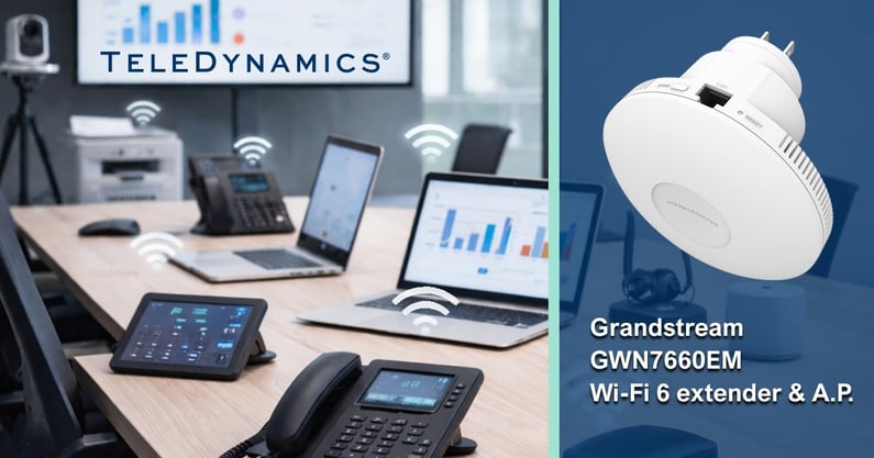 Conference table with several connected devices, with a close-up of the Grandstream GWN7660EM Wi-Fi 6 extender and access point, distributed by TeleDynamics