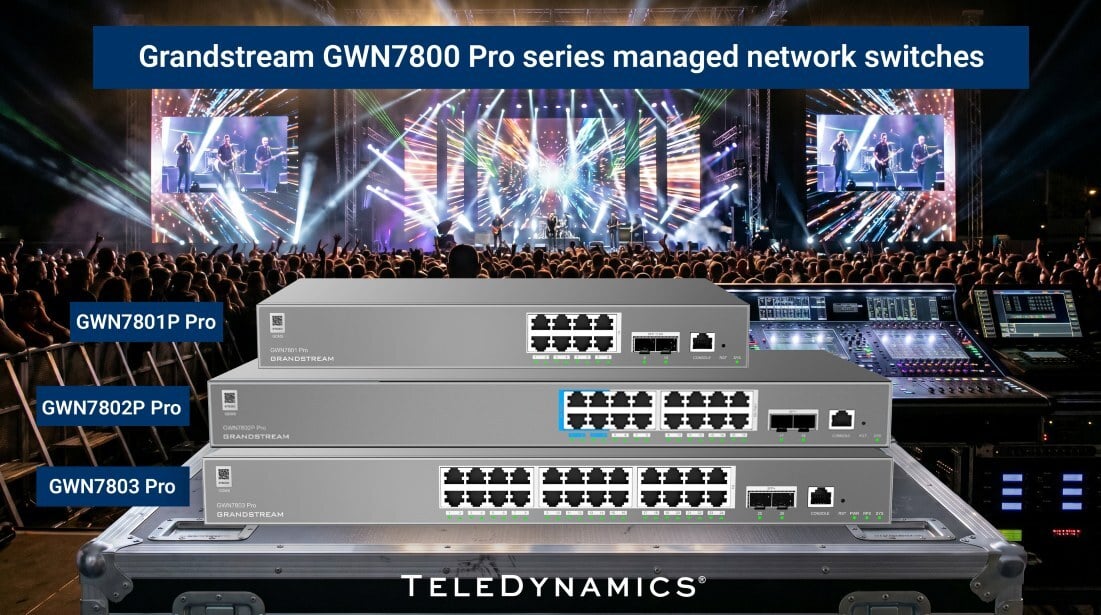 Grandstream GWN7801P Pro, GWN7802P Pro, and GWN7803 Pro managed switches in an AV booth at a concert - TeleDynamics blog