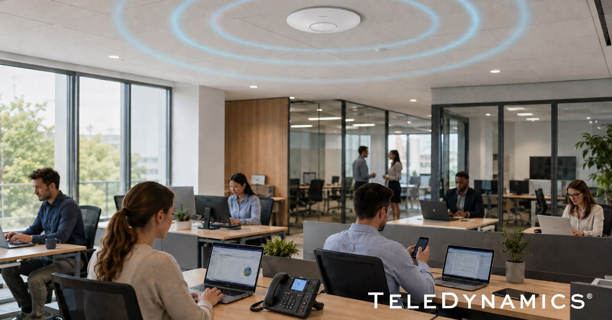 Busy office with workers using lots of connected devices with a ceiling-mounted Grandstream GWN7670E Wi-Fi 7 access point, distributed by TeleDynamics