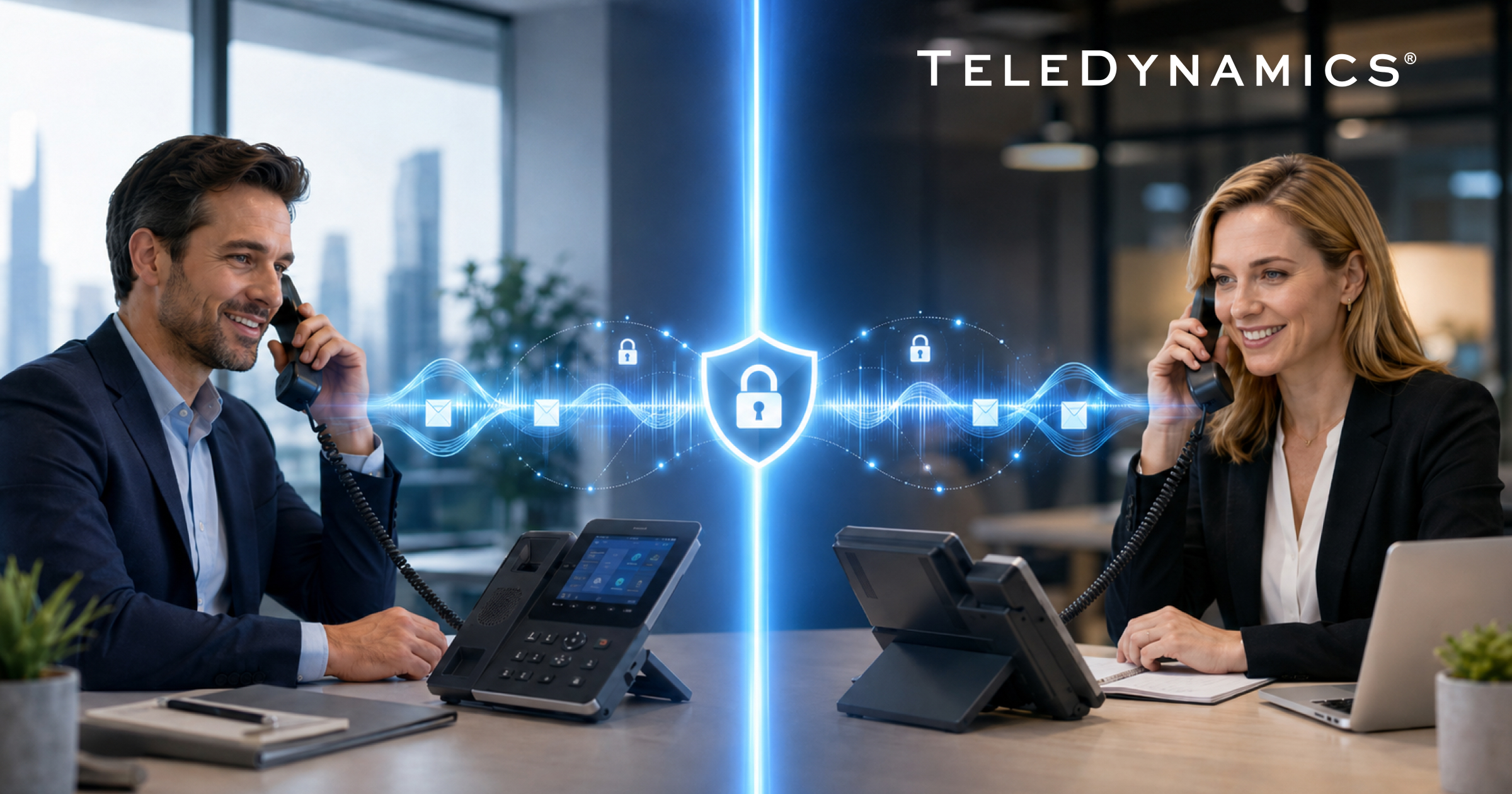Split screen with two professionals connected via an encrypted voice path — TeleDynamics blog