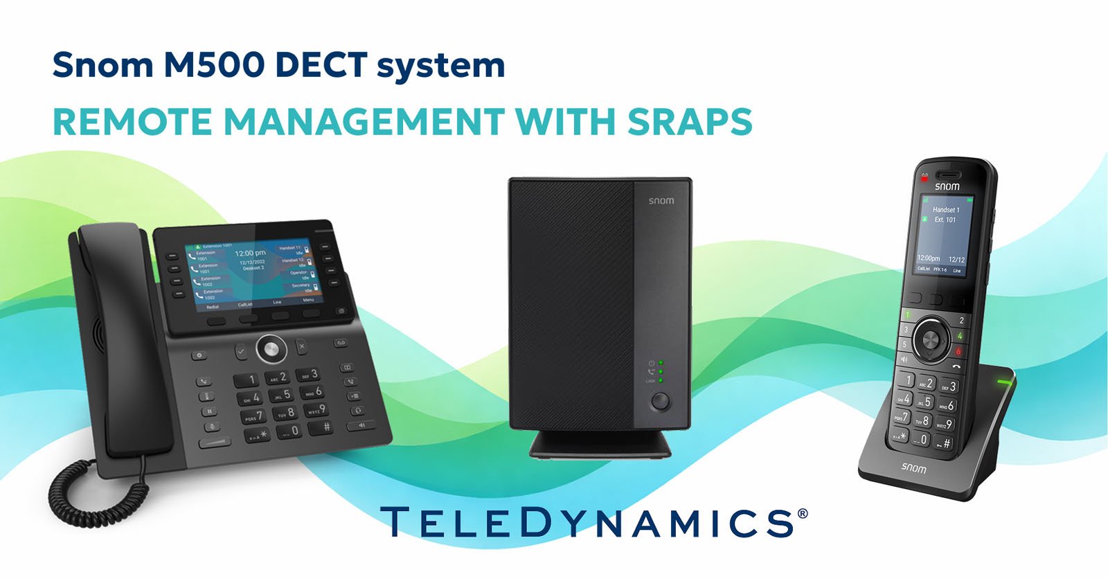 Snom M500 DECT system, showing the M58 desktop phone, the M55 handset, and the M500 base station – distributed by TeleDynamics