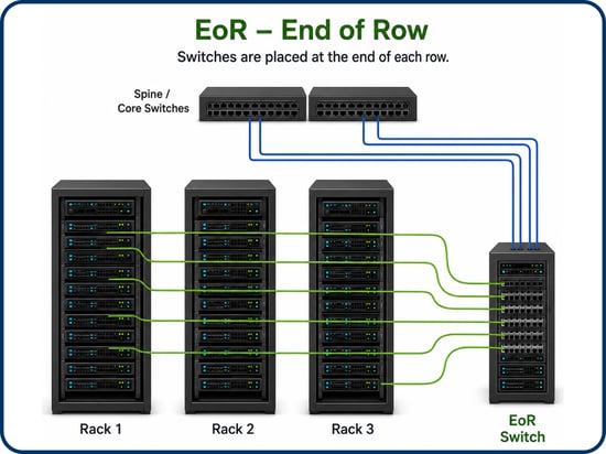 Diagram showing an end-of-row data center cabling architecture -- TeleDynamics blog