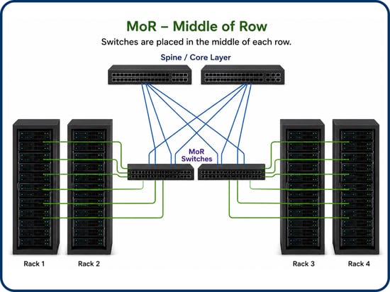 Diagram showing a middle-of-row data center cabling architecture -- TeleDynamics blog