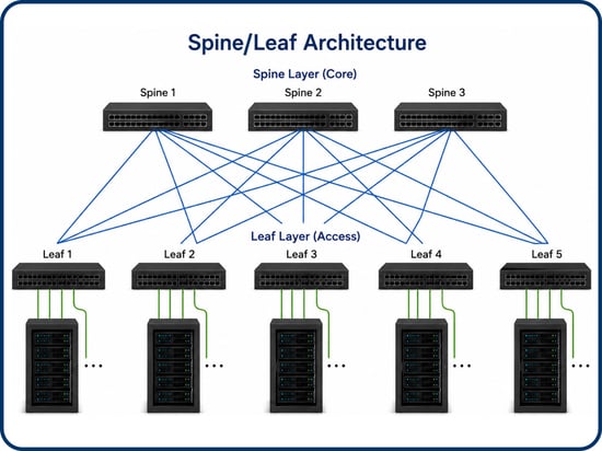 Diagram showing a spine/leaf data center cabling architecture -- TeleDynamics blog