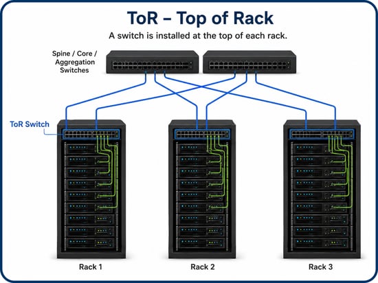 Diagram showing a top-of-rack data center cabling architecture -- TeleDynamics blog
