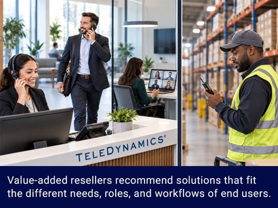 Office employees use headsets, mobile phones, and video conferencing equipment while a warehouse worker uses a wireless handset, illustrating different UC needs and workflows -- TeleDynamics blog