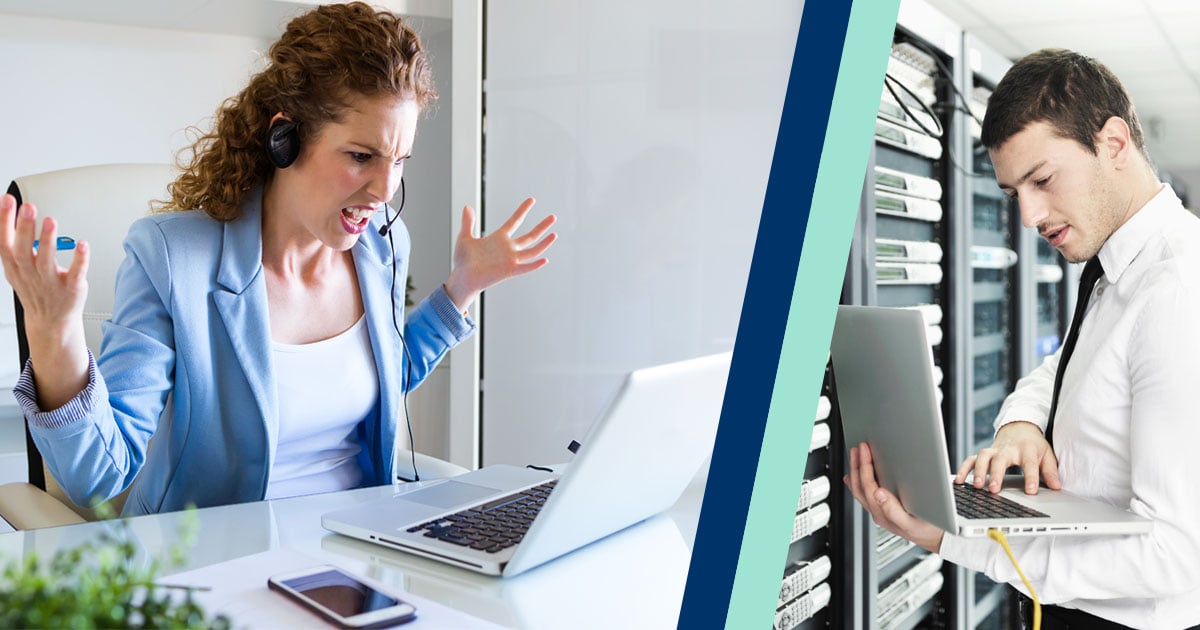 Split image showing a frustrated videoconference attendee on one side, and a network engineer on the other side - TeleDynamics blog