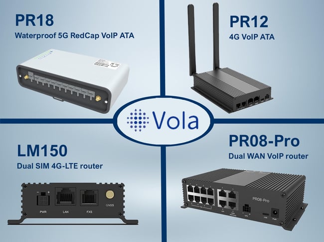 Split image showing the PR18, the PR12, the LM150 and the PR08-Pro hardware from Vola Networks - Distributed by TeleDynamics