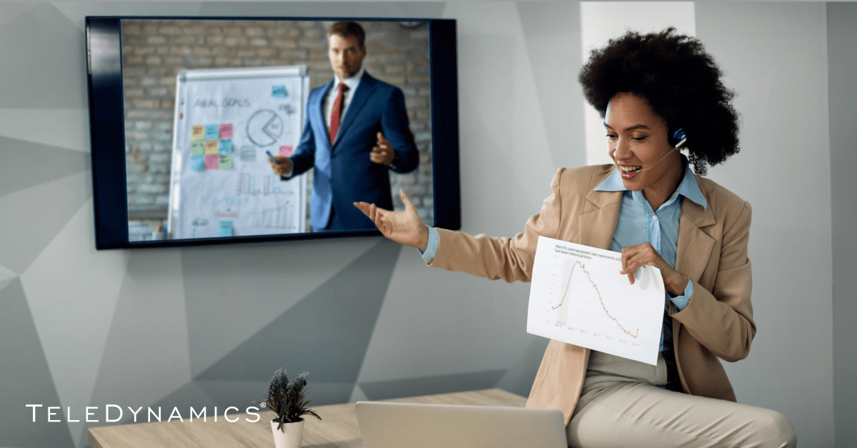 Woman presenting via video conference - TeleDynamics Blog