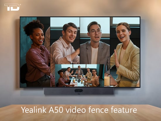 Videoconferencing monitor showing Yealink's A50 MeetingBar video fence feature - distributed by TeleDynamics