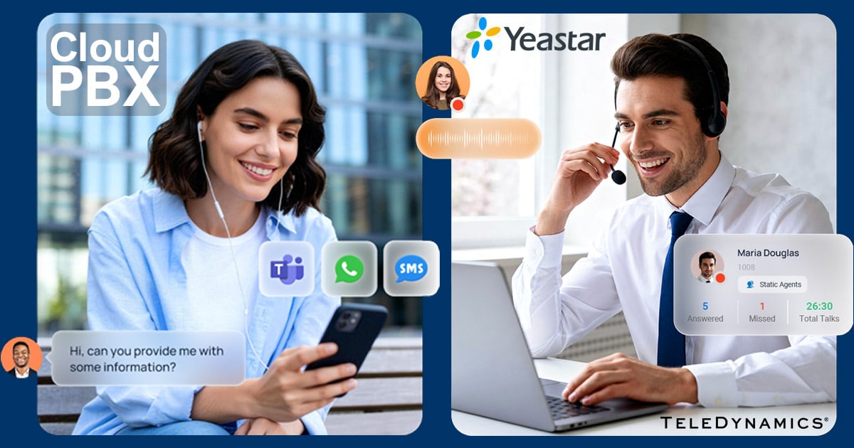 A woman on a smart phone and a man on a soft phone with a monaural headset and laptop, both benefitting from Yeastar's cloud business phone system - TeleDynamics blog