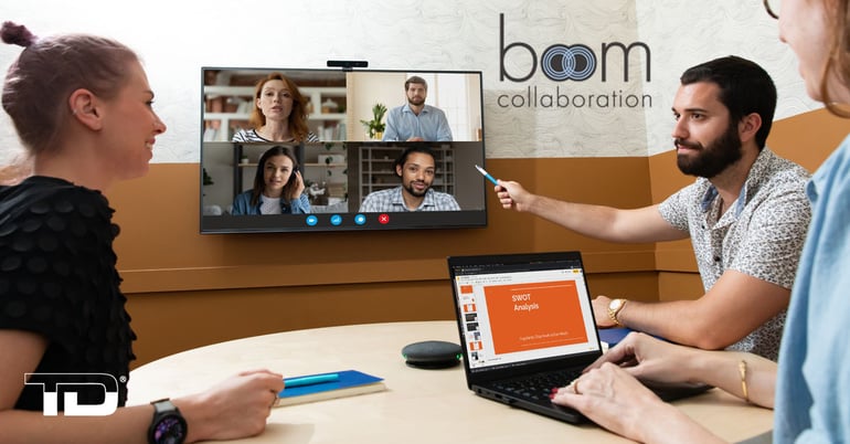 Boom Collaboration huddle room kit with MEZZO 4K camera and GIRO Pro speakerphone - distributed by TeleDynamics