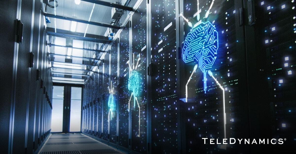 data center with neon circuit-board signs illustrating AI - TeleDynamics blog