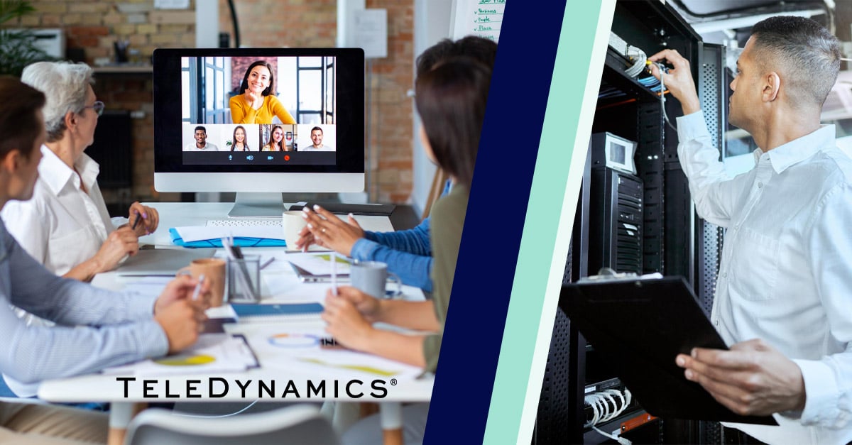 Split image illustrating applications of cloud, edge, and fog computing, with professionals participating in a videoconference on one side, and a network engineer working on a server room on the other side - TeleDynamics blog