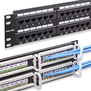 The front of a patch panel showing its Ethernet ports and the back showing the terminated cabling - TeleDynamics Blog