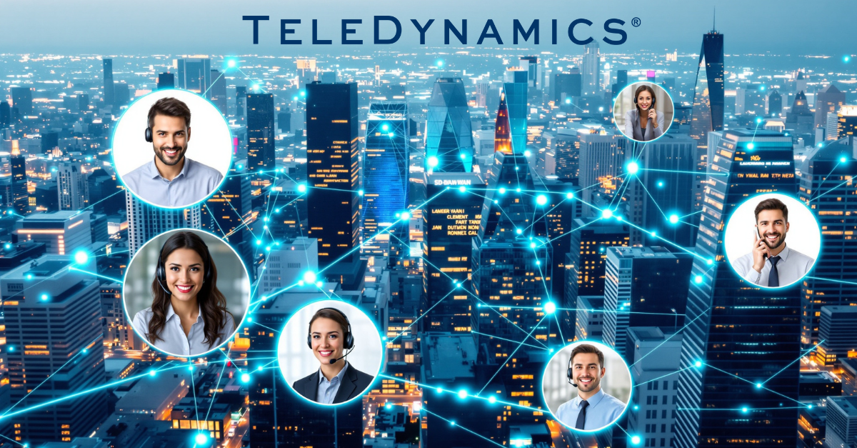 Cityscape with network overlay showing people using telecommunications devices from different locations - TeleDynamics blog