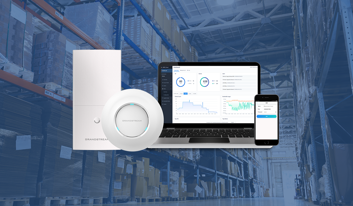 Grandstream Wi-Fi access points superimposed on a warehouse photo - TeleDynamics Blog