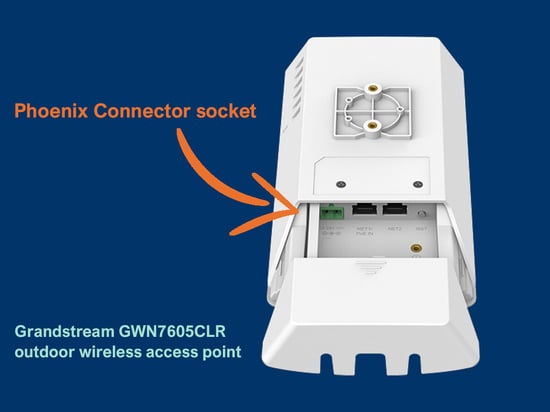 The back of a Grandstream GWN7605CLR WAP showing the Phoenix Connector socket - distributed by TeleDynamics