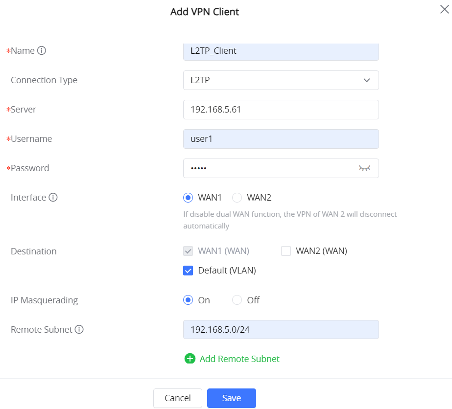 L2TP configuration interface on a Grandstream GWN router