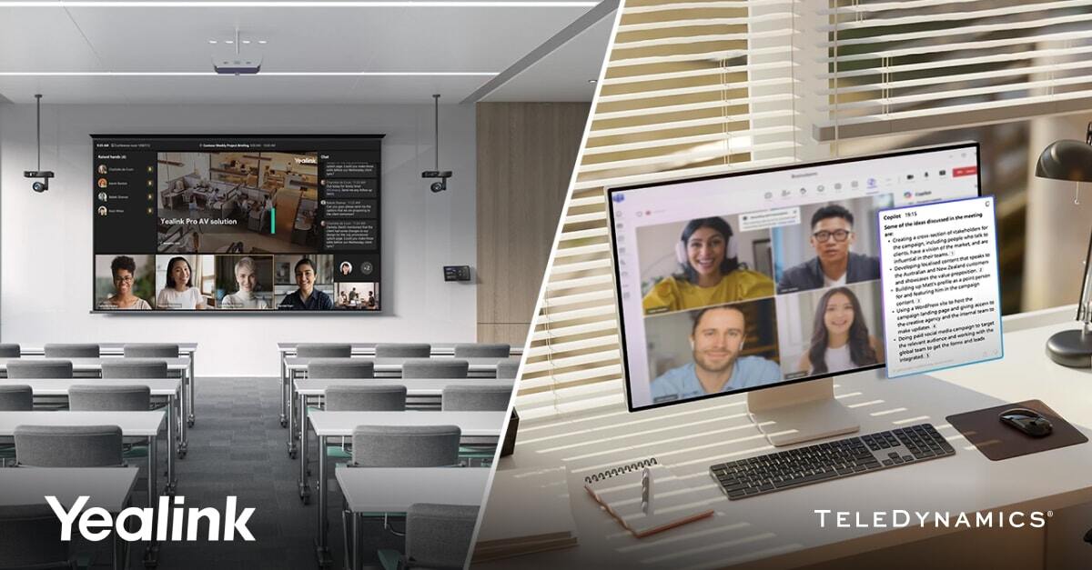Split image with Yealink MVC-equipped meeting room  on the left side and a computer monitor showing a live videoconference on the right side. Yealink equipment is distributed by TeleDynamics.