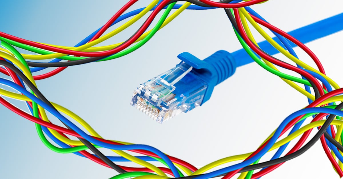 Ethernet cable plug surrounded by colorful wires