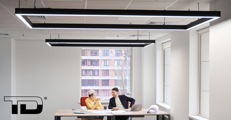 colleagues in a large office lit by PoE lighting - TeleDynamics blog