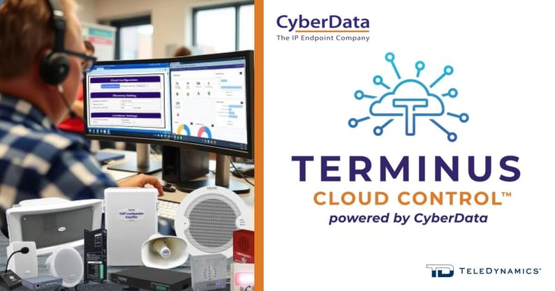 Montage showing a man at a workstation, CyberData paging equpment, and the Terminus Cloud Control logo - TeleDynamics blog