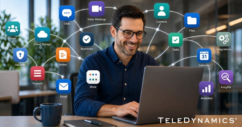 Worker using multiple productivity and communications applications from his laptop computer - TeleDynamics blog