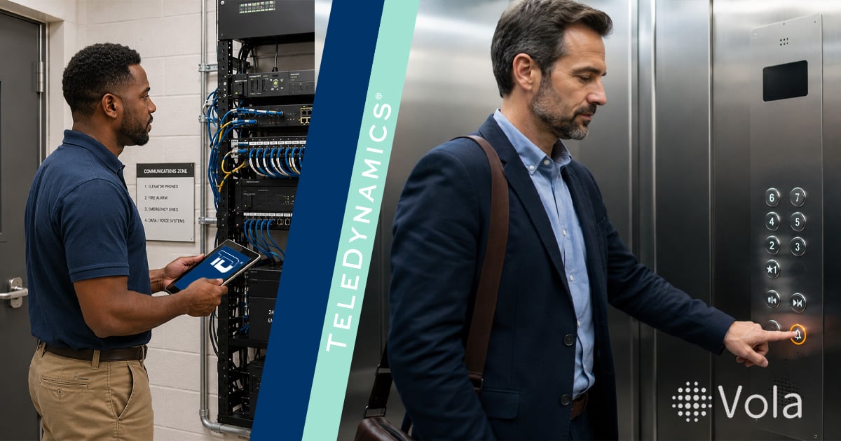 Split image with a technician in front of a low-voltage panel inside a telecom closet on the left, and a person pushing a call button inside an elevator on the right - TeleDynamics blog