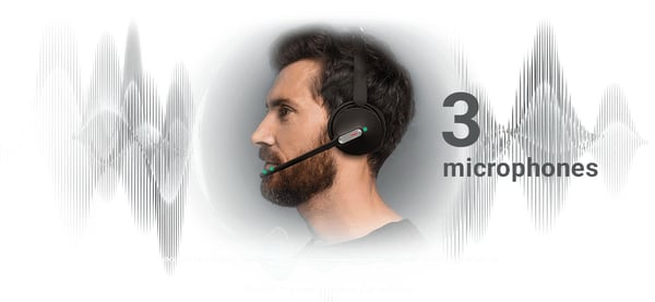 Man wearing a Yealink WH64 wireless headset showing the location of the three microphones -- distributed by TeleDynamics