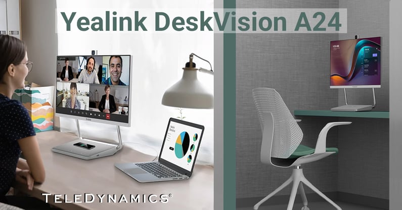 Split image of a Yealink DeskVision A24 all-in-one collaboration solution on a workspace on the left, and in a small phone room on the right – distributed by TeleDynamics