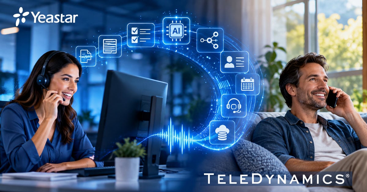Customer service agent and caller connected by AI-powered communications tools -- TeleDynamics blog