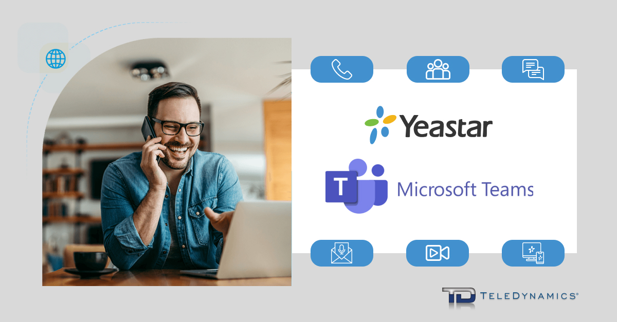 Yeastar P-series IP PBX integration with Teams - man on the phone behind a computer monitor - TeleDynamics