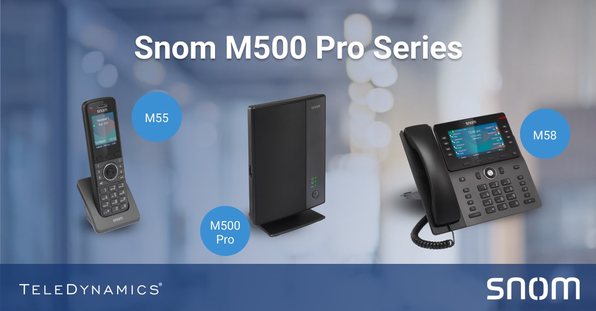 The Snom M55 handset, M58 desktop phone, and M500 Pro DECT base station - distributed by TeleDynamics