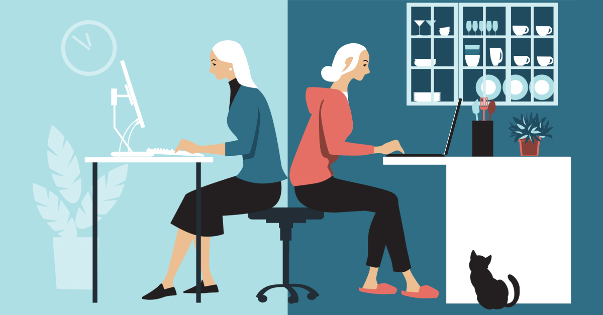 Two women, one working at a traditional office, one working in a home office - TeleDynamics blog